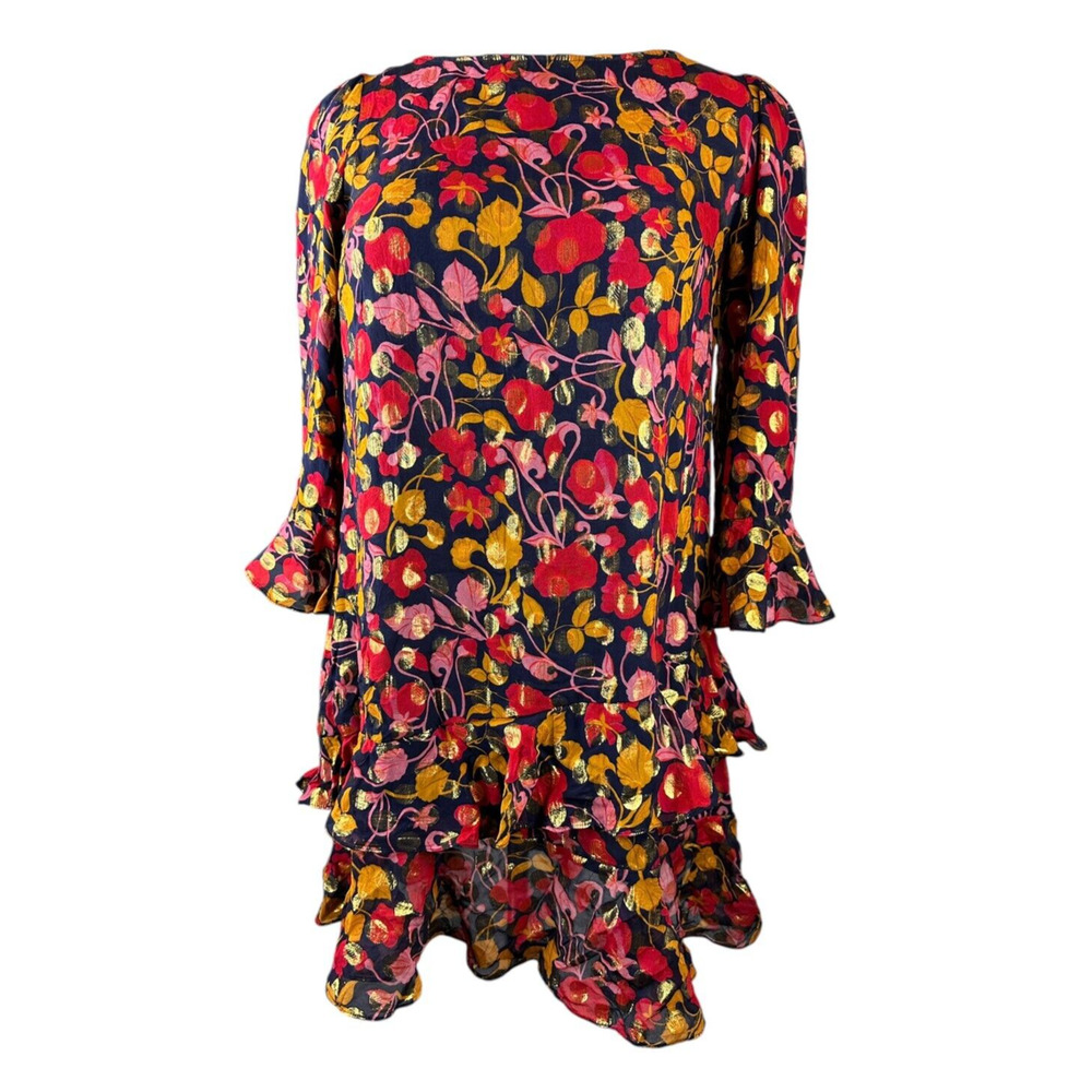 Saloni Polka Dot Marissa Mini Dress Ruffle Floral Metallic Silk Blend Size 8 - Picture 7 of 16